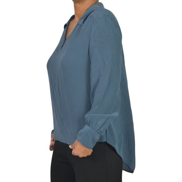 Wrap London Silk Blouse Blue Top Loose Fit Collared Tunic Shirt Muted Neutral 10 - Picture 15 of 16